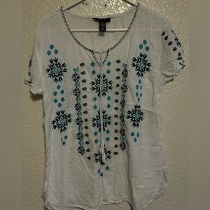 Style & Co. White Blouse with Blue Embroidery
